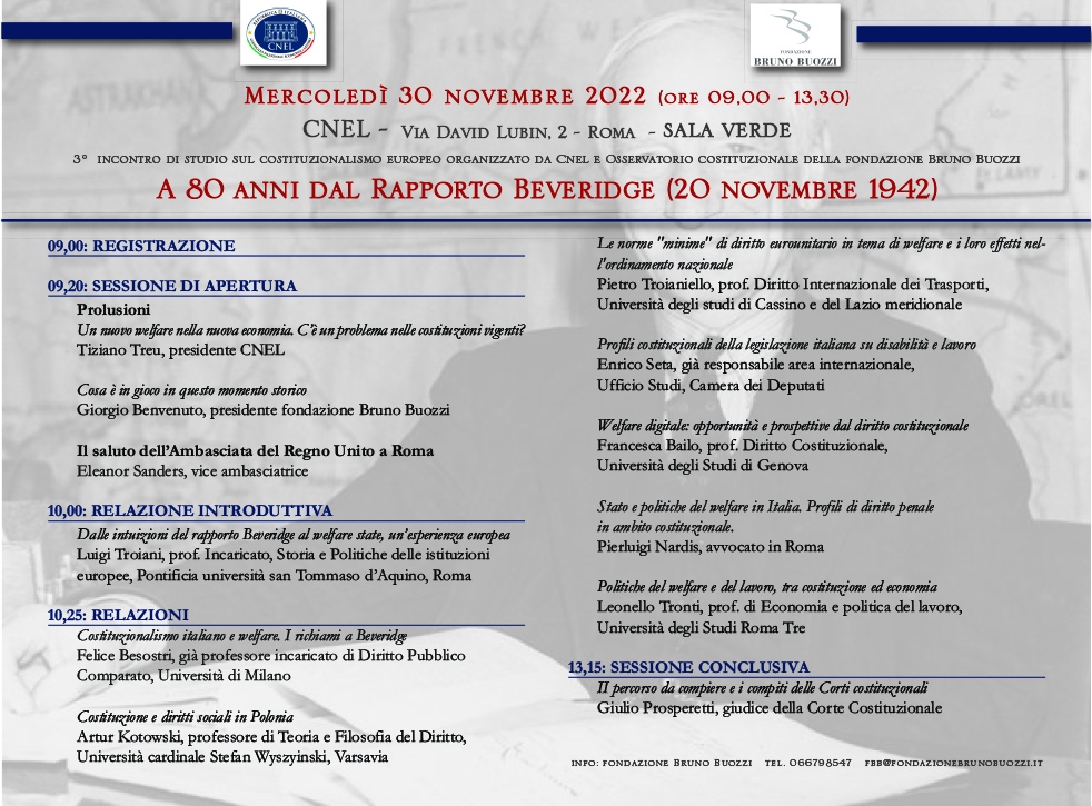 Roma, CNEL. Mercoledì 30 novembre 2022, ore 9,00. Convegno sul tema ’A 80 anni dal Rapporto Beveridge (20 novembre 1942)’