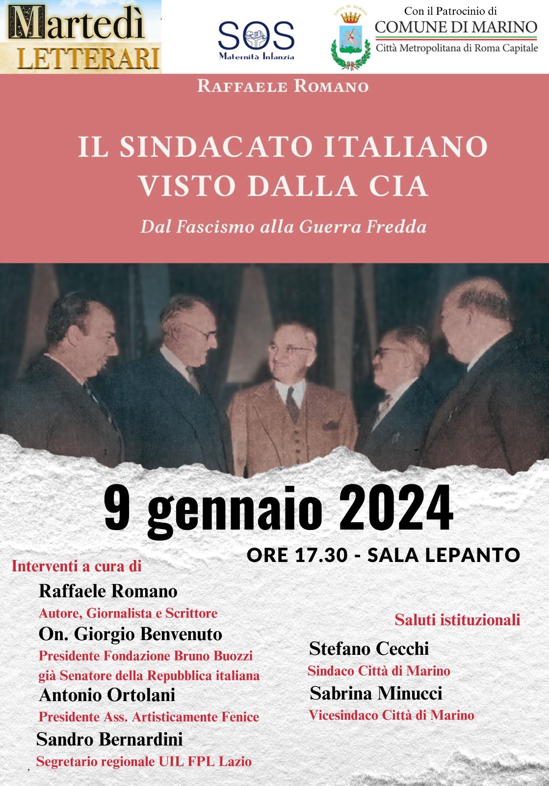 Martedì 09 gennaio 2024, ore 17.30, Marino (Roma). Presentazione del libro di ’Raffaele Romano ’Il sindacato italiano visto dalla CIA’