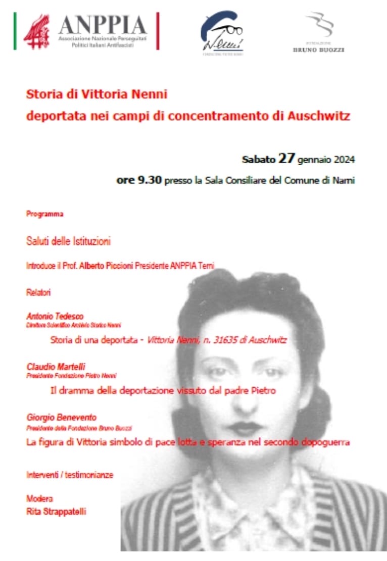 Sabato 27 gennaio 2024, ore 9,30. Narni (Terni), ’Storia di Vittoria Nenni, deportata nei campi di concentramento di Auschwitz’