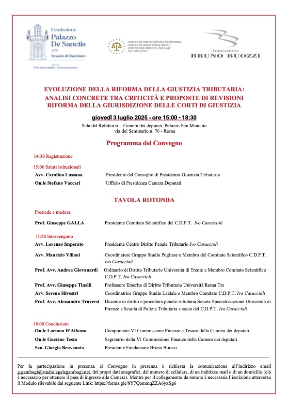 Gioved, 3 luglio 2025, ore 15.00. Camera dei Deputati, Sala del Refettorio, seminario sul tela Evoluzione della riforma della giustizia tributaria