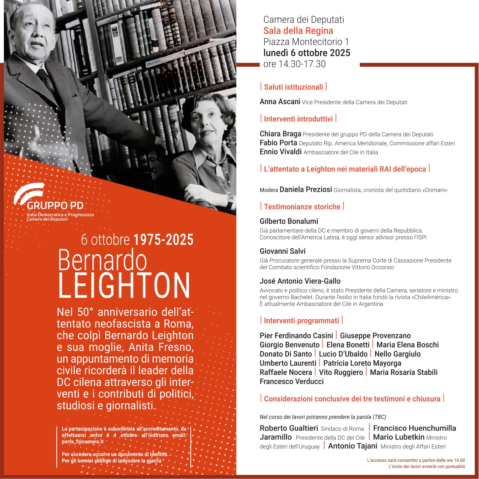 Luned 6 ottobre 2025, ore 14.30. Camera dei Deputati convegno 6 ottobre 1975 - 2025: Bernardo Leighton