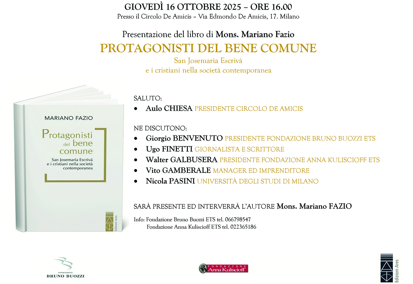 Gioved 16 ottobre 2025, ore 16.30. Milano, Circolo De Amicis Protagonisti del bene comune
